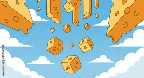 Abstract cheese cubes and wedges falling through a cloudy blue sky