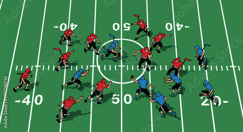 Action-packed flag football game unfolds on a vibrant green field with players in red and blue uniforms