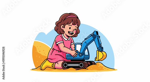 A young girl in a pink dress happily plays with a blue toy excavator in the sand