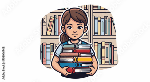 A young girl holds a stack of books in front of a bookshelf