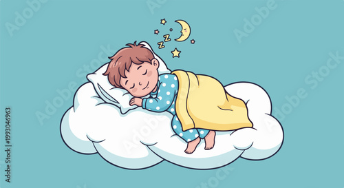 A young child sleeps peacefully on a fluffy cloud under a starry sky with a crescent moon
