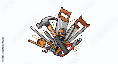 Assortment of woodworking tools, including saws, hammer, pliers, and measuring tape, with wood shavings