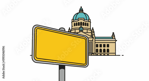 A yellow sign stands in front of a grand building with a dome