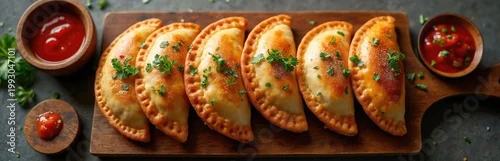 Panel kuchenny z motywem Six golden empanadas with parsley sit on a wooden board next to small bowls of red dipping sauce. These savory pastries are ready to be enjoyed as a delicious snack or appetizer.