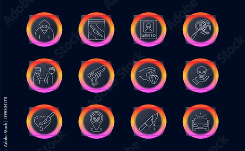 Crime investigation set icon. Linear law enforcement collection with masked criminal, evidence bag knife, wanted poster, fingerprint scan, police arrest, handgun, diamond theft, skull danger marker