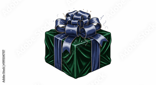 A wrapped gift box adorned with a blue ribbon and scattered confetti