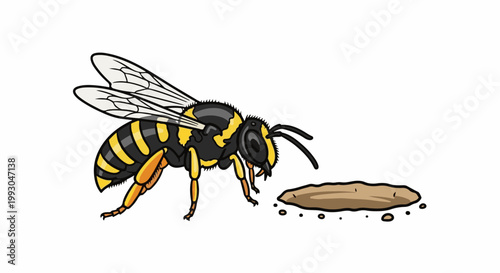 A yellow and black insect with transparent wings inspects a small mound of dirt on a white background