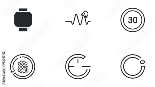 Smartwatch Icons: A collection of simple, yet elegant monochrome icons depicting various aspects of smartwatch functionality, ready to be integrated into user interfaces or creative projects.