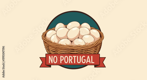 A woven basket overflowing with pale eggs rests within a dark teal circle