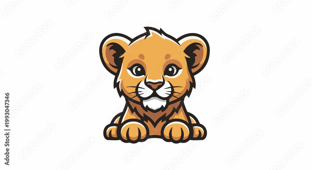 Naklejka premium Adorable cartoon lion cub illustration with friendly expression, posed on white background