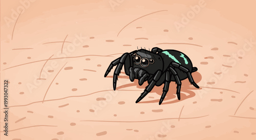 Adorable cartoon jumping spider with big eyes on a textured background