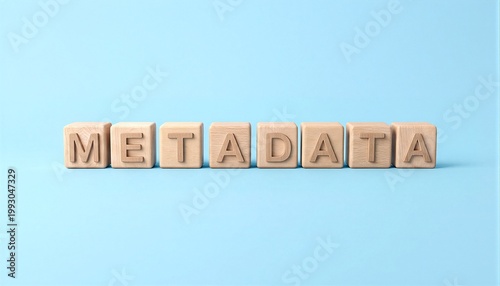 Wooden blocks spelling the word metadata on a light blue background