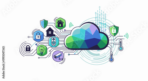 Abstract cloud connecting home security, smart devices, and data