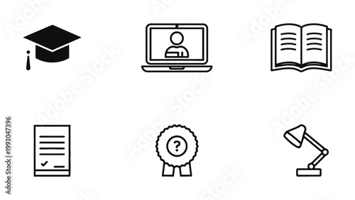 Education and Learning Icon Set: A comprehensive collection of line art icons symbolizing education, from graduation to online learning and study aids. 
