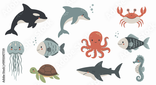 Adorable cartoon ocean creatures, including a whale, dolphin, crab, fish, octopus, shark, jellyfish, turtle, and seahorse