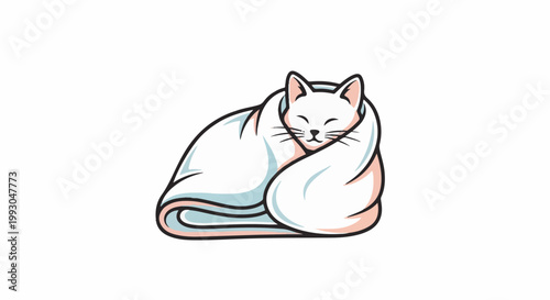 Adorable cartoon white cat sleeping snugly wrapped in a soft, colorful blanket