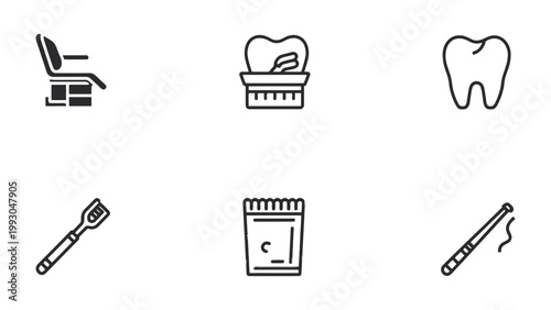 Dental Health Icons: A comprehensive set of line icons illustrating essential tools and elements related to dental care, perfect for highlighting oral hygiene and medical services.
