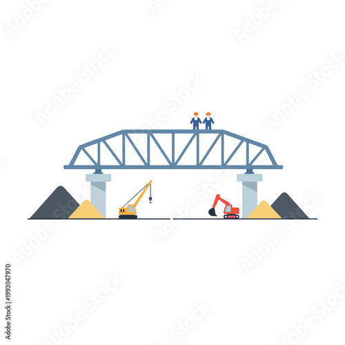 An illustration depicts a truss bridge under construction with two workers on top, a crane, and an excavator working at the site.