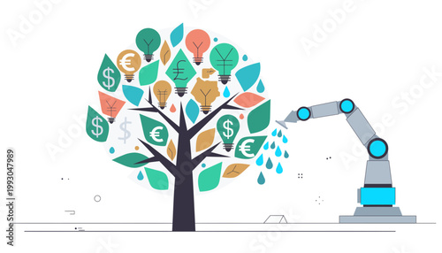 Vector illustration of a robotic arm watering a global currency money tree.