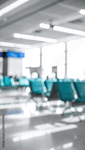 Modern Airport Waiting Area with Rows of Teal Seats and Natural Light.