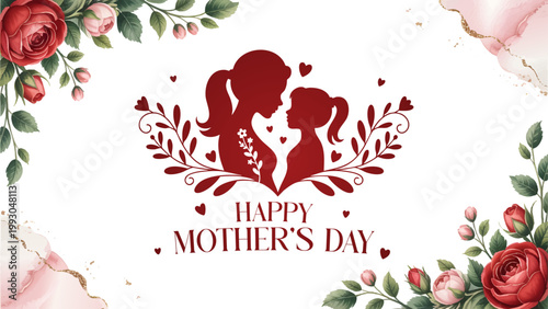 Elegant Happy Mother’s Day Card with Red Floral and Mom Child Silhouette, Beautiful Mother’s Day Design with Roses and Loving Family Theme, Happy Mother’s Day Greeting Card with Floral Frame and Love 