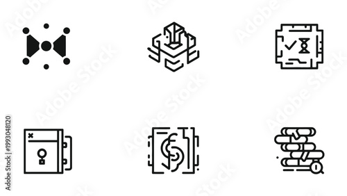 Konstfotografi Tech Icon Set: A collection of various technological icons, symbolizing network, security, data processing, and innovation, suitable for digital projects and designs