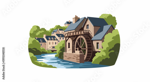 An old watermill with a large wooden wheel sits by a flowing river, surrounded by lush trees and quaint buildings