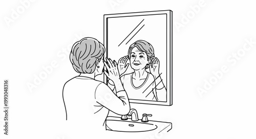 An older woman examines her reflection in a bathroom mirror, touching her face and ears