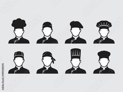 Fényképezés Set of chef avatar icons, professional cook silhouettes with different hats, kit