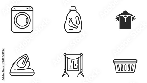 Laundry Essentials: A set of essential items for doing laundry, including a washing machine, detergent, a shirt, an iron, a clothesline, and a basket.