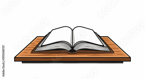 An open, blank book rests on a wooden surface