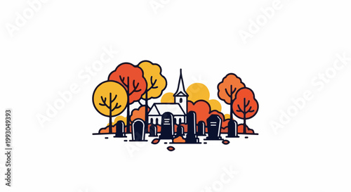 Autumnal cemetery scene with a church and colorful trees