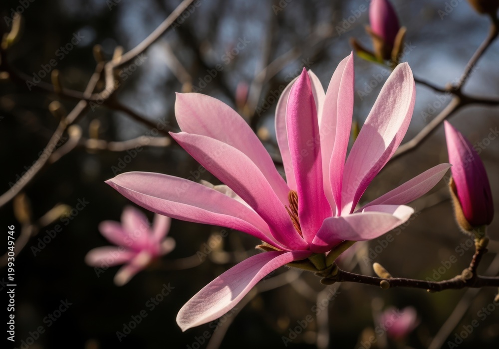 Fototapeta premium Close-up of vibrant pink magnolia flower blooming in natural sunlight