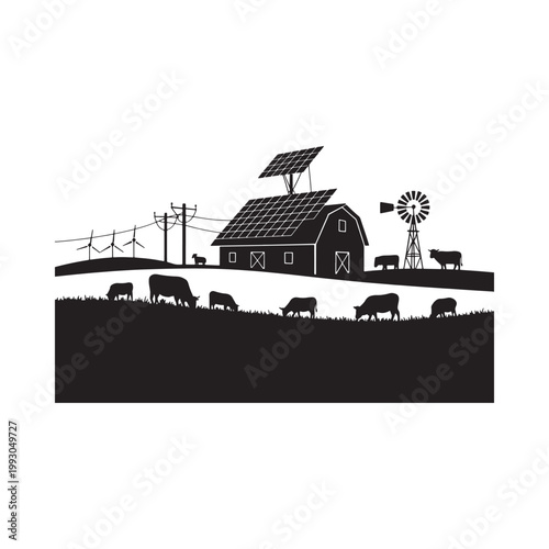 Silhouette of a farm with barn cattle and renewable energy sources
