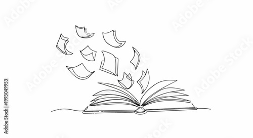 An open book with pages flying off into the air in a minimalist line drawing style