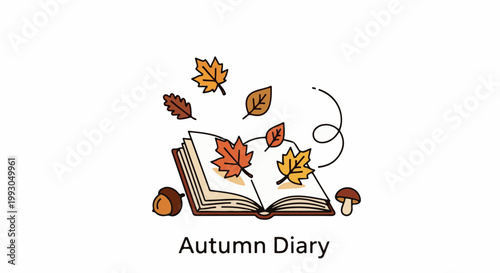 An open book with autumn leaves floating around, accompanied by an acorn and mushroom