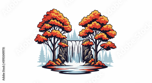 Autumnal scene with twin trees framing a cascading waterfall and rocky outcrops