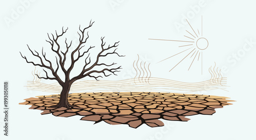 Barren, dry land with a lone skeletal tree under a stylized, radiating sun, depicting drought