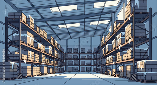 An organized warehouse interior, with tall shelves stacked high with boxes and a floor casting long shadows