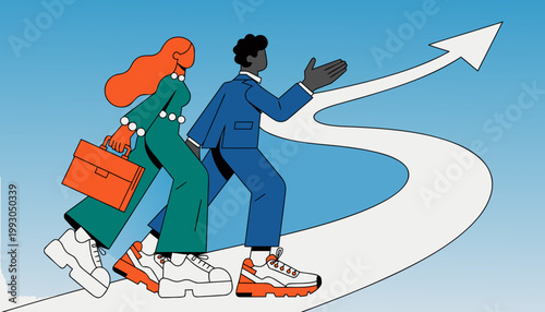 A minimalist, flat-style illustration depicts a diverse man and woman in business attire walking along a winding white path that transforms into an upward-pointing arrow.