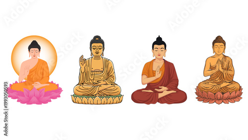 Set of four colorful vector illustrations of Lord Buddha in meditation poses and different mudras sitting on lotus flowers, isolated on white background.
