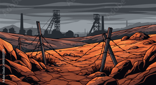 Barbed wire encloses a desolate, rocky landscape with industrial mine structures in the distance under a gray sky