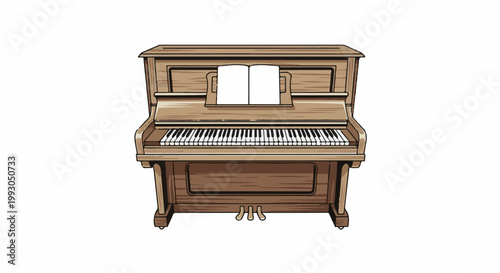 An upright wooden piano with a music stand holding blank sheet music and three pedals