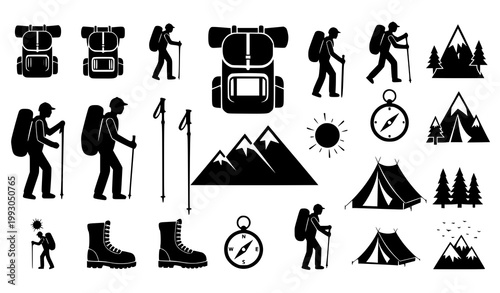 Adventure hiking silhouette icon set with trekking gear and mountaineer elements isolated on white background vector design