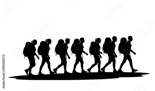 Group of hikers silhouette walking in mountain trail adventure scene isolated composition on white background vector illustration