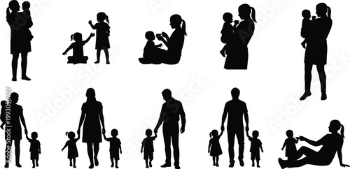 Family silhouette set featuring mother holding baby, father walking with kids, parents feeding children, and happy childhood moments for parenting concept