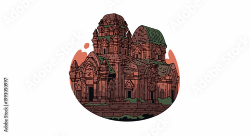 Ancient brick temples with tiered roofs and green accents, set against a sunset-like oval