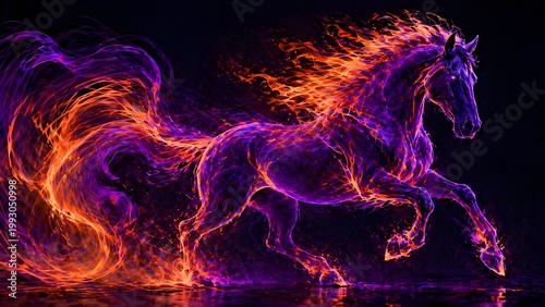 A powerful stallion composed of vibrant purple and orange flames charging through the darkness. Dramatic digital art showcasing elemental energy and mystical power.