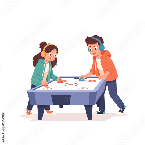 Young people playing air hockey at arcade with headphones on  