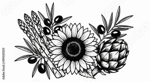 Black and white illustration of a sunflower, asparagus, olives, and artichoke arrangement